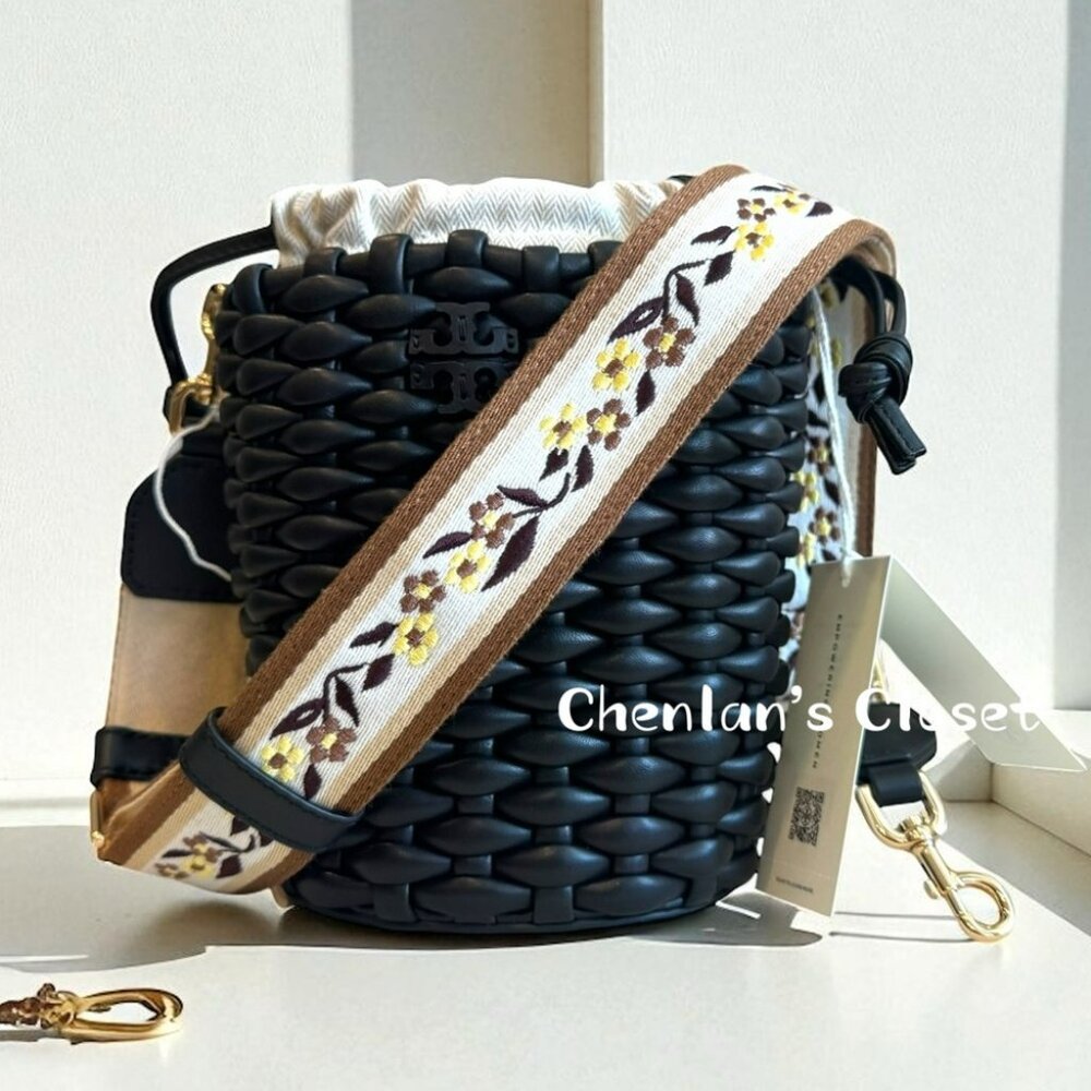 Tory Burch Emerson Woven Mini Bucket Bag Black With Gold Hardware - Picture 6 of 13